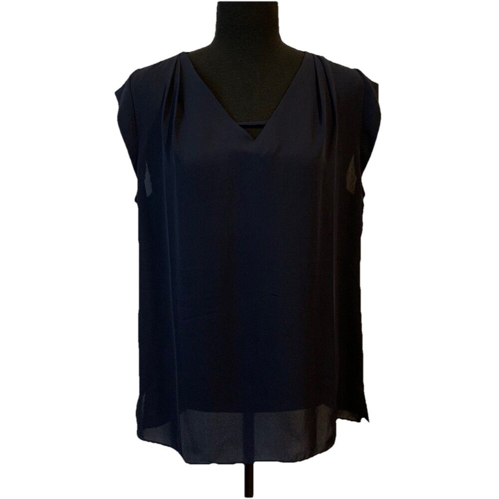 Banana Republic Womans Size Medium Top Blue Cap Sleeves Navy Sheer V Neck